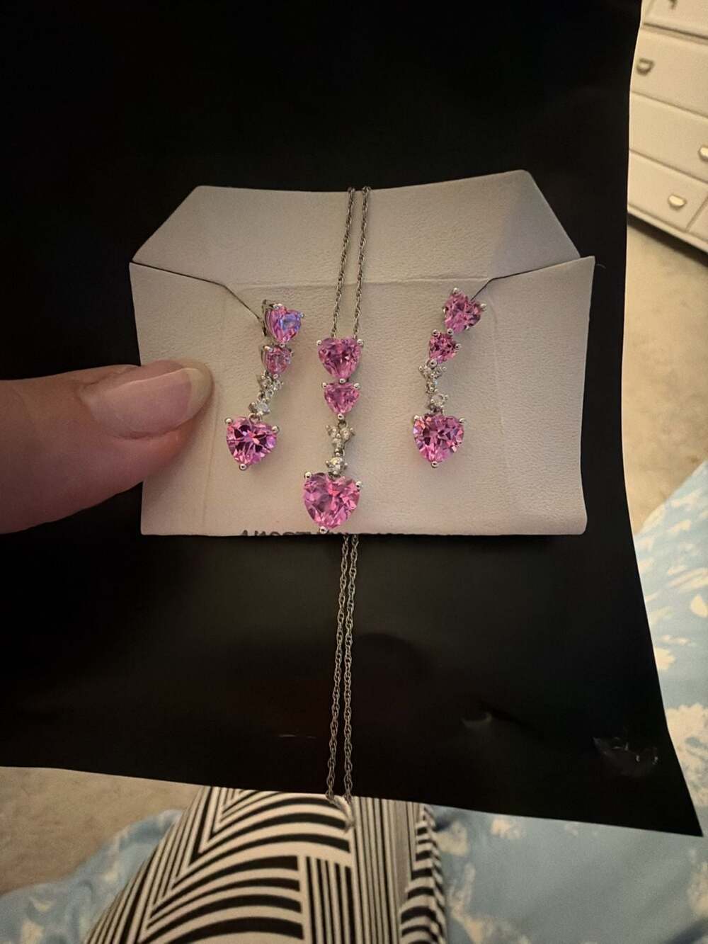 Heart-Shaped Lab-Created Pink and White Sapphire Pendant and Earrings Set in Ste